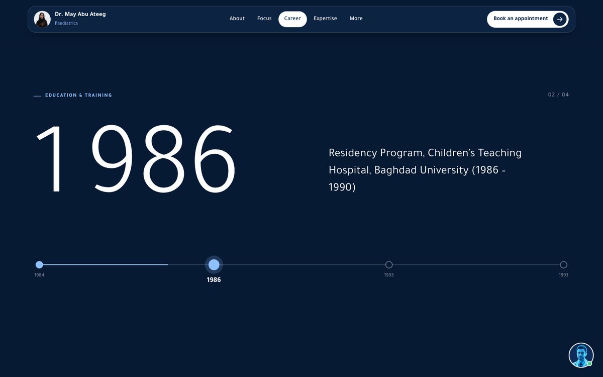 Career journey at 1986, dark profile bar